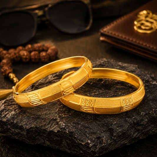 Traditional Gold-Plated Punjabi Kada Combo with Two Unique Engraved Designs - SJKC_08