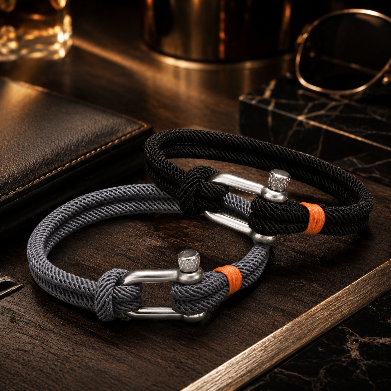 Combo of 2 Black and Grey Cotton Rope Bracelets for Men with Stainless Steel Screw Closure - SJLB_05