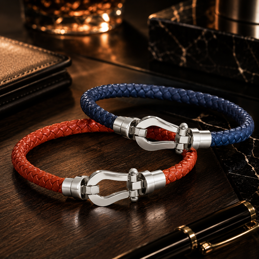 Stylish Blue and Red Braided Leather Bracelet Set with Magnetic Clasp for Men - SJLB_06