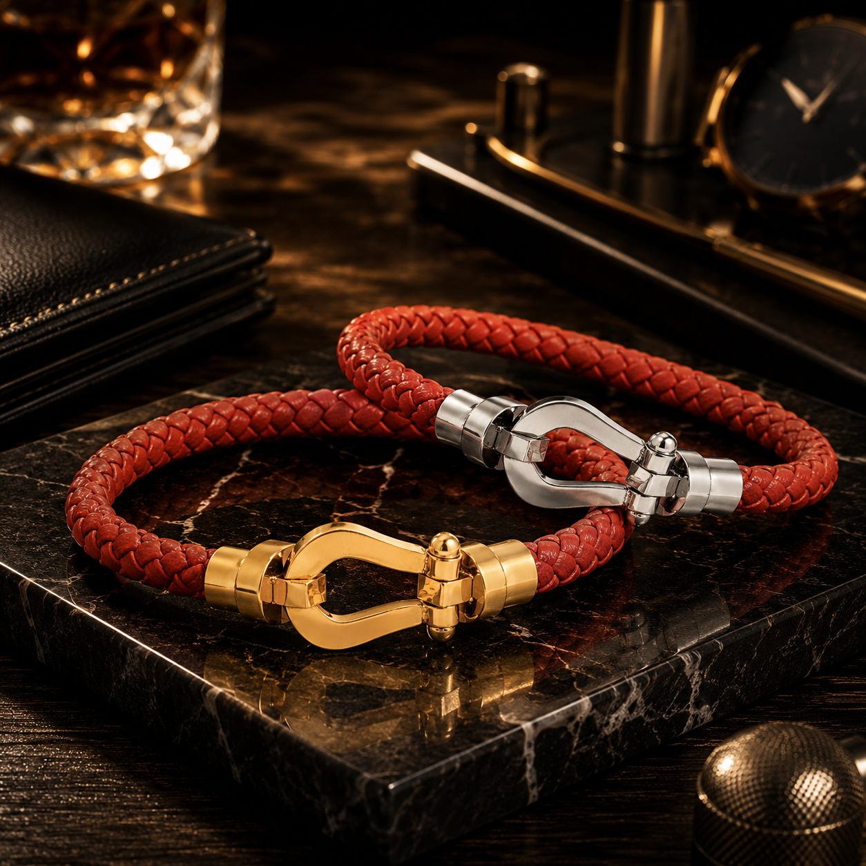 Red Braided Genuine Leather Bracelet Set for Men with Gold and Silver Tone Magnetic Clasps - SJLB_07