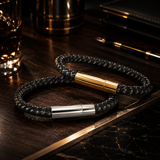 Black Braided Genuine Leather Bracelet Set for Men with Gold and Silver Tone Magnetic Clasps - SJLB_08