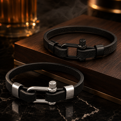 Men’s Black Leather Bracelet Combo with Black and Silver Stainless Steel Screw Clasps for a Sleek Modern Style - SJLB_10