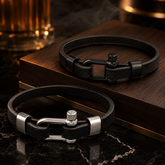 Men’s Black Leather Bracelet Combo with Black and Silver Stainless Steel Screw Clasps for a Sleek Modern Style - SJLB_10
