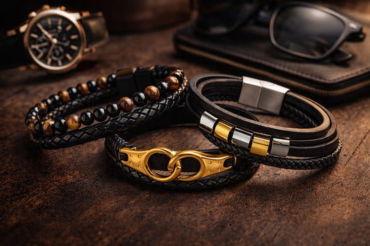 Men’s Braided Leather Bracelet Combo (Set of 3) - Black Designer Stainless Steel Magnetic Clasp Wristbands - SJLB_02