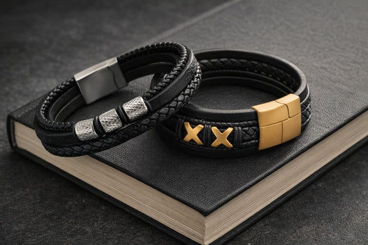 Men’s Braided Black Leather Bracelet Combo (Set of 2) - Stainless Steel Magnetic Clasp Designer Wristbands - SJLB_03