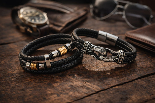 Men’s Braided Leather Bracelet Combo (Set of 2) | Black Stainless Steel Designer Magnetic Clasp Wristbands - SJLB_04