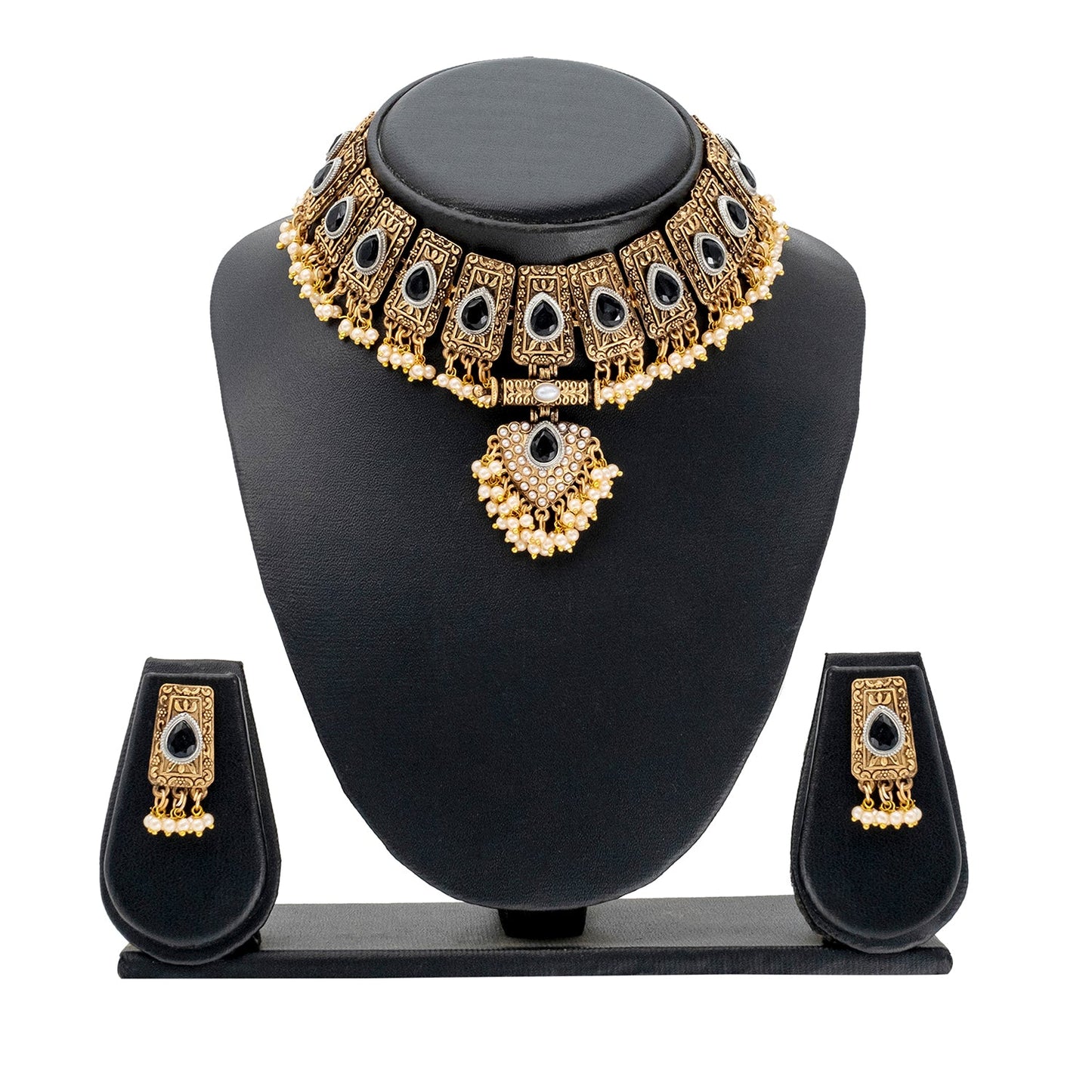 Traditional Indian Matte Antique Gold Plated Kundan,CZ, Studded Choker Bridal Necklace with Matching Earring Jewelry Set For Women - Gold Black (SJN_247_G_BK)