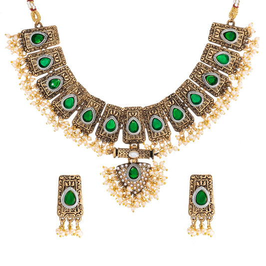 Traditional Indian Matte Antique Gold Plated Kundan,CZ, Studded Choker Bridal Necklace with Matching Earring Jewelry Set For Women - Gold Green (SJN_247_G_G)