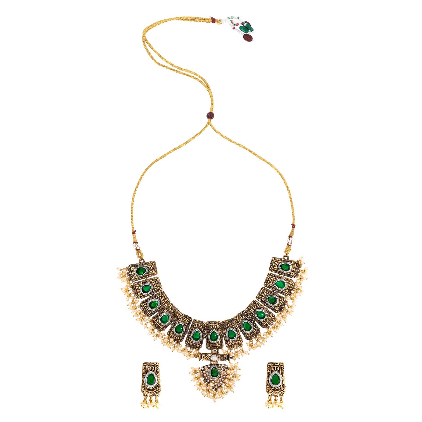 Traditional Indian Matte Antique Gold Plated Kundan,CZ, Studded Choker Bridal Necklace with Matching Earring Jewelry Set For Women - Gold Green (SJN_247_G_G)