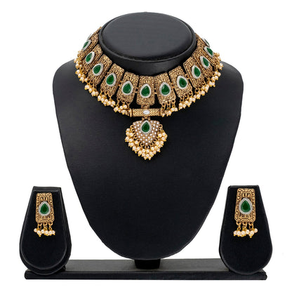 Traditional Indian Matte Antique Gold Plated Kundan,CZ, Studded Choker Bridal Necklace with Matching Earring Jewelry Set For Women - Gold Green (SJN_247_G_G)