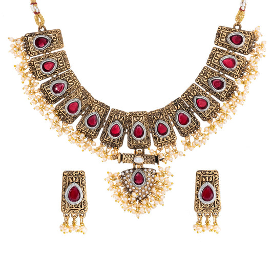 Traditional Indian Matte Antique Gold Plated Kundan,CZ, Studded Choker Bridal Necklace with Matching Earring Jewelry Set For Women - Gold Maroon (SJN_247_G_M)