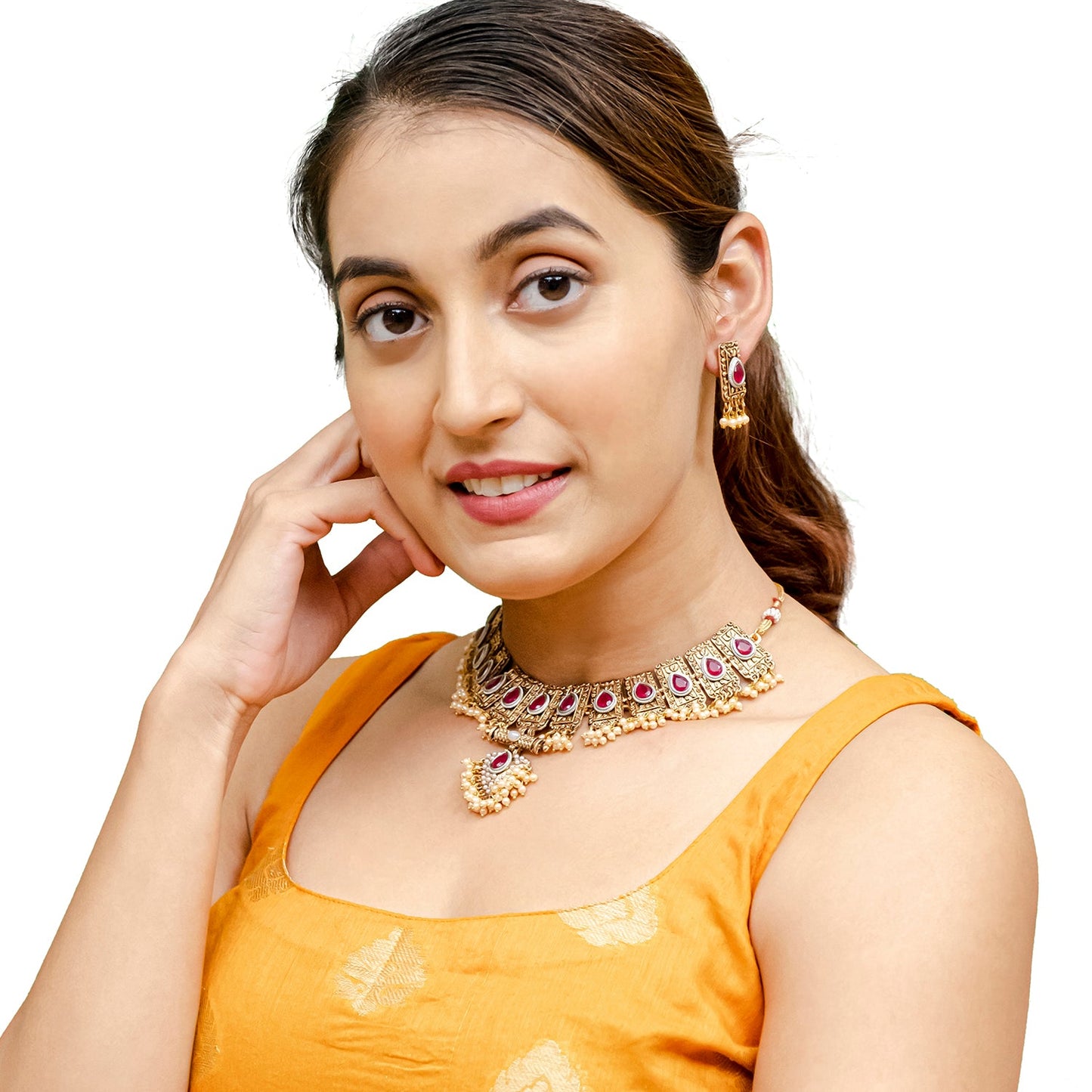 Traditional Indian Matte Antique Gold Plated Kundan,CZ, Studded Choker Bridal Necklace with Matching Earring Jewelry Set For Women - Gold Maroon (SJN_247_G_M)