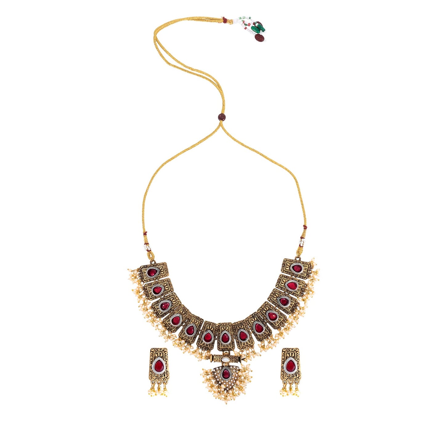 Traditional Indian Matte Antique Gold Plated Kundan,CZ, Studded Choker Bridal Necklace with Matching Earring Jewelry Set For Women - Gold Maroon (SJN_247_G_M)