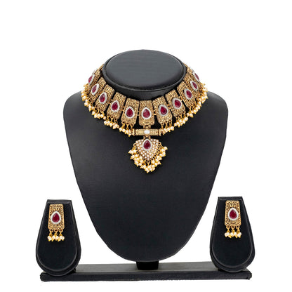 Traditional Indian Matte Antique Gold Plated Kundan,CZ, Studded Choker Bridal Necklace with Matching Earring Jewelry Set For Women - Gold Maroon (SJN_247_G_M)