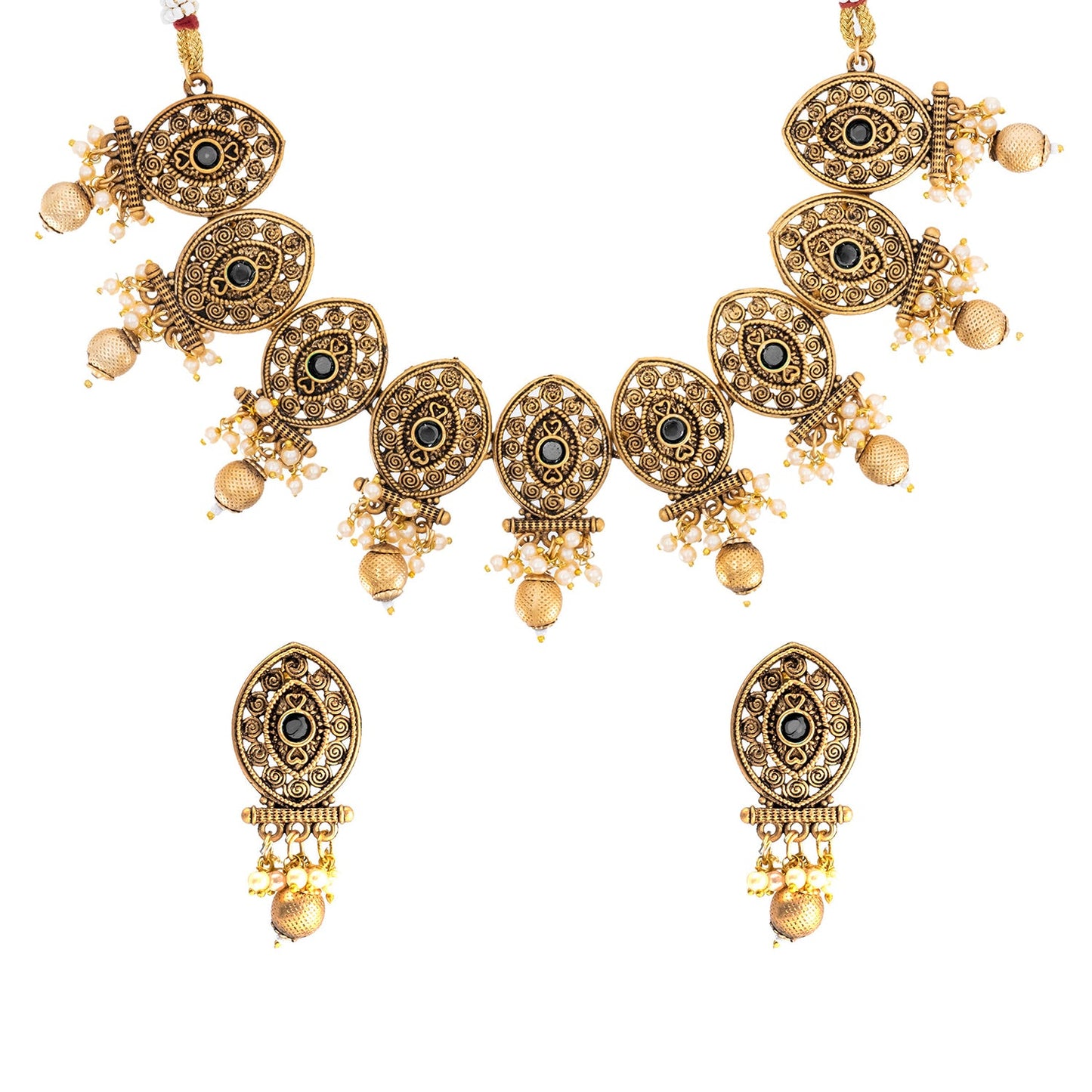 Traditional Indian Matte Antique Gold Plated Kundan,CZ, Studded Choker Bridal Necklace with Matching Earring Jewelry Set For Women - Gold Black (SJN_248_G_BK)