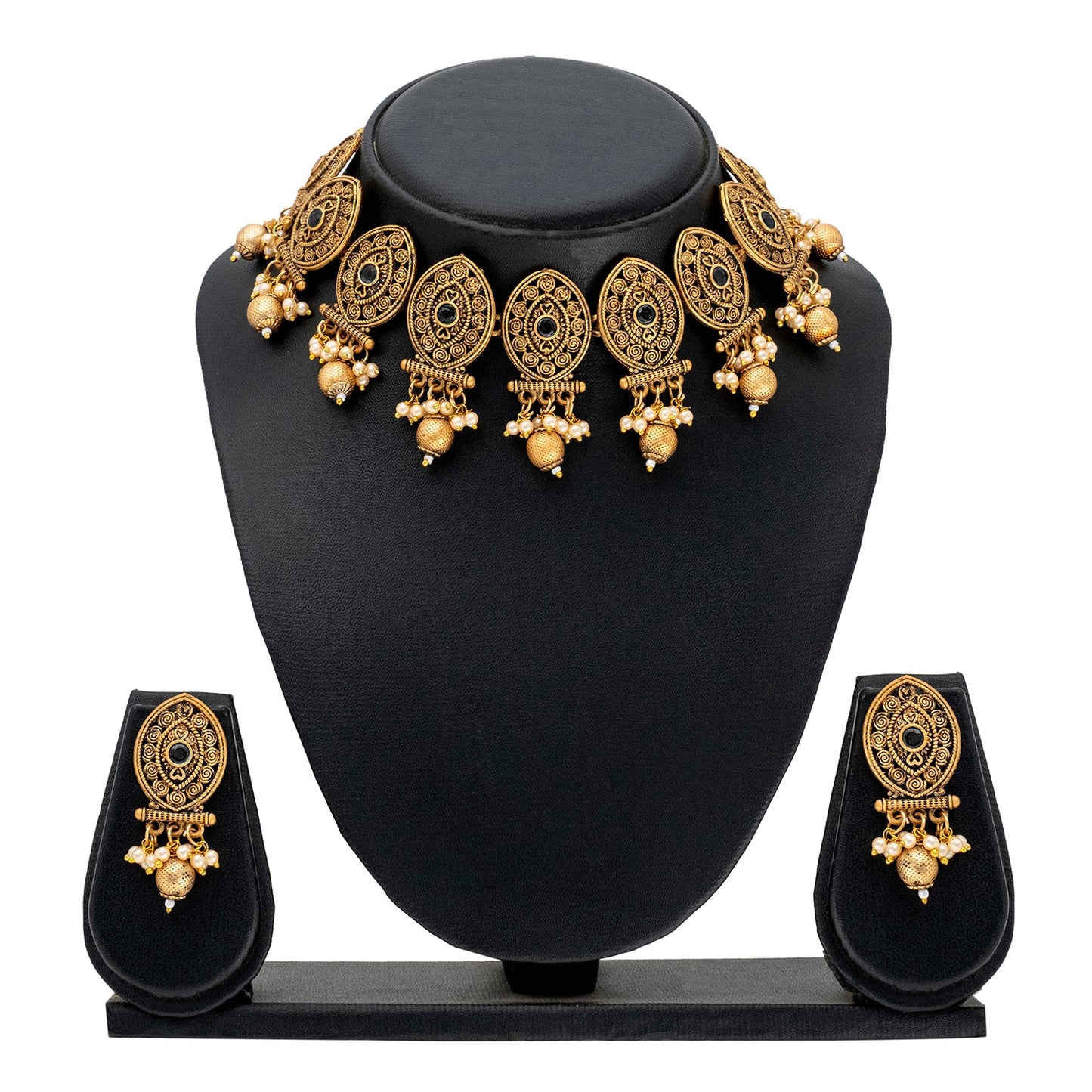 Traditional Indian Matte Antique Gold Plated Kundan,CZ, Studded Choker Bridal Necklace with Matching Earring Jewelry Set For Women - Gold Black (SJN_248_G_BK)