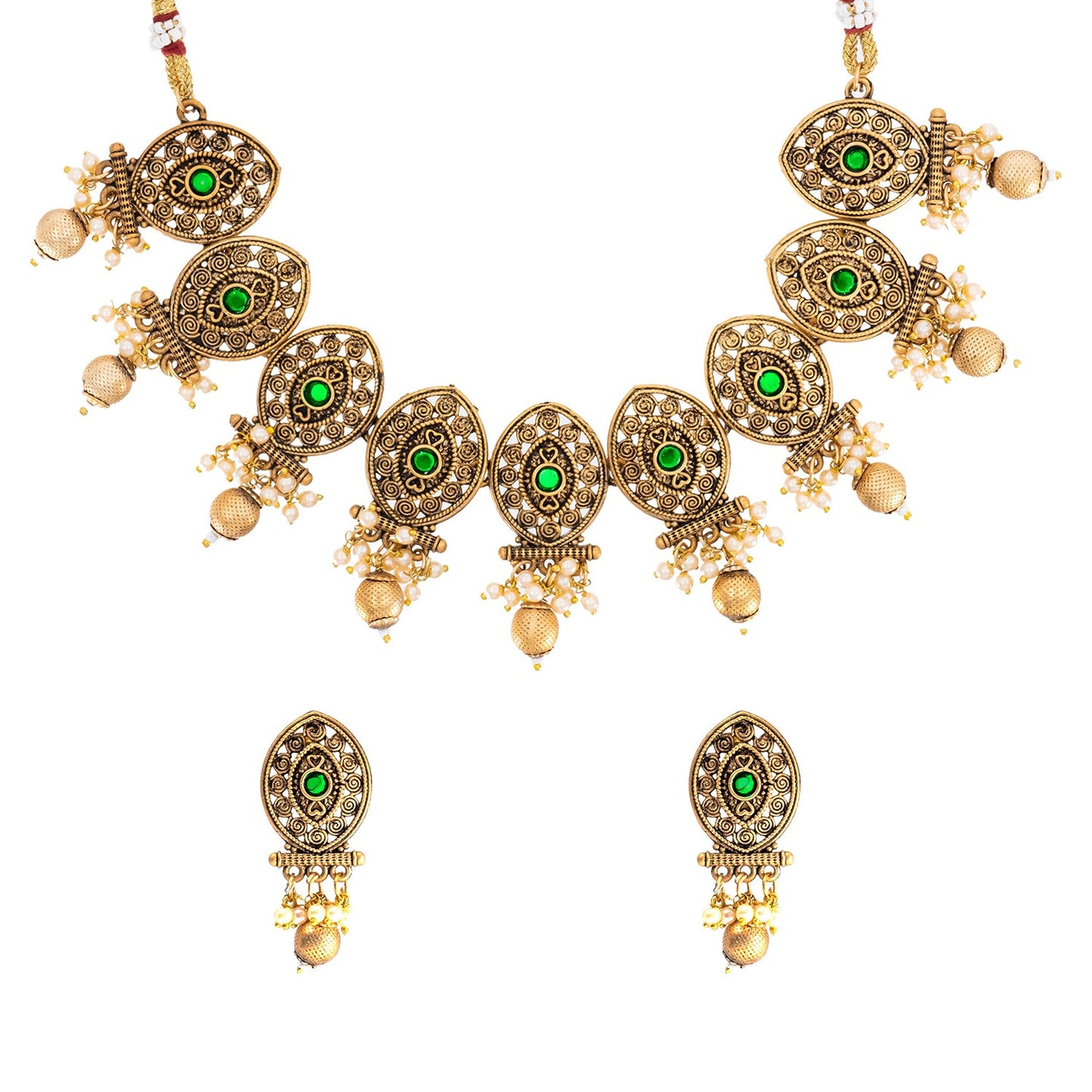 Traditional Indian Matte Antique Gold Plated Kundan,CZ, Studded Choker Bridal Necklace with Matching Earring Jewelry Set For Women - Gold Green (SJN_248_G_G)