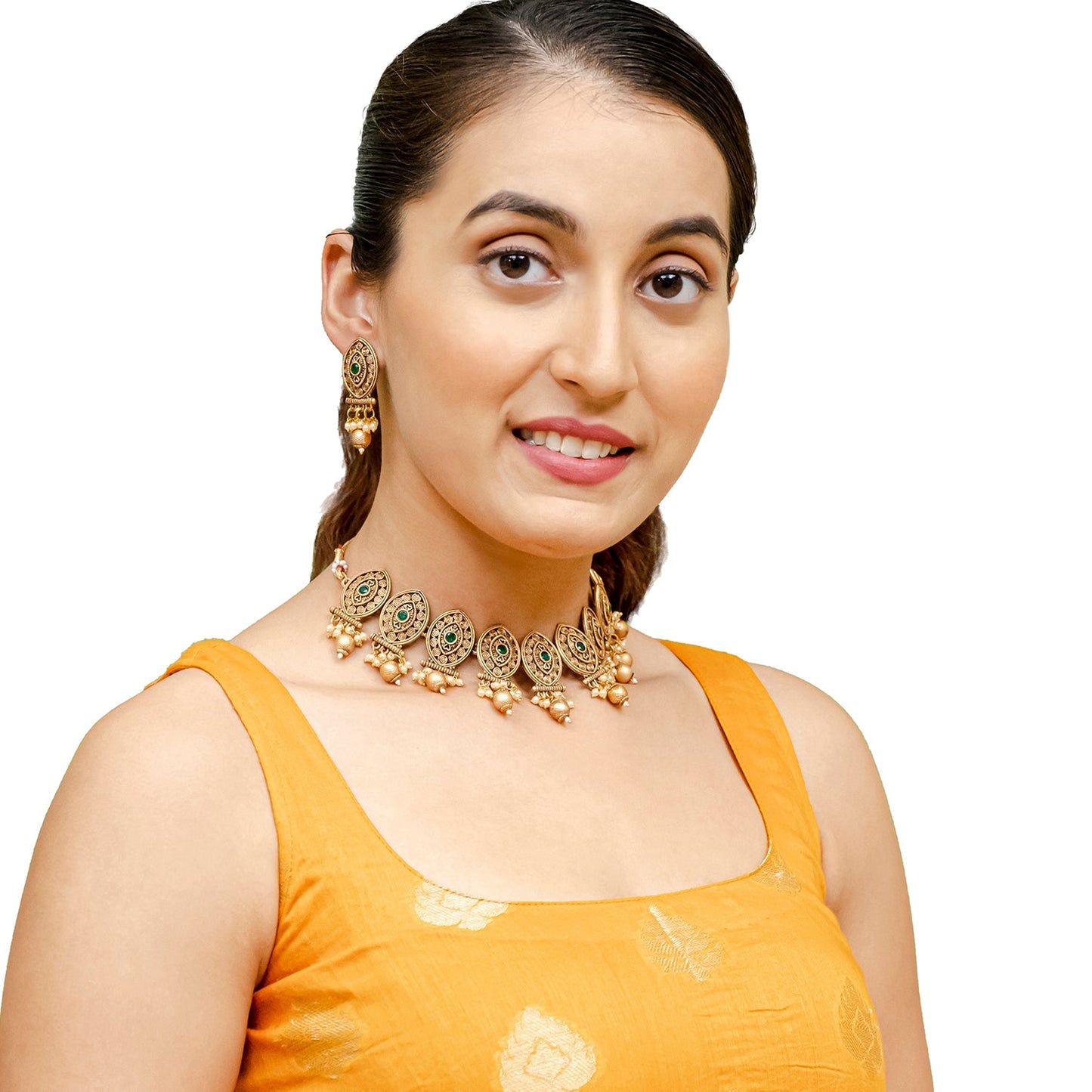 Traditional Indian Matte Antique Gold Plated Kundan,CZ, Studded Choker Bridal Necklace with Matching Earring Jewelry Set For Women - Gold Green (SJN_248_G_G)