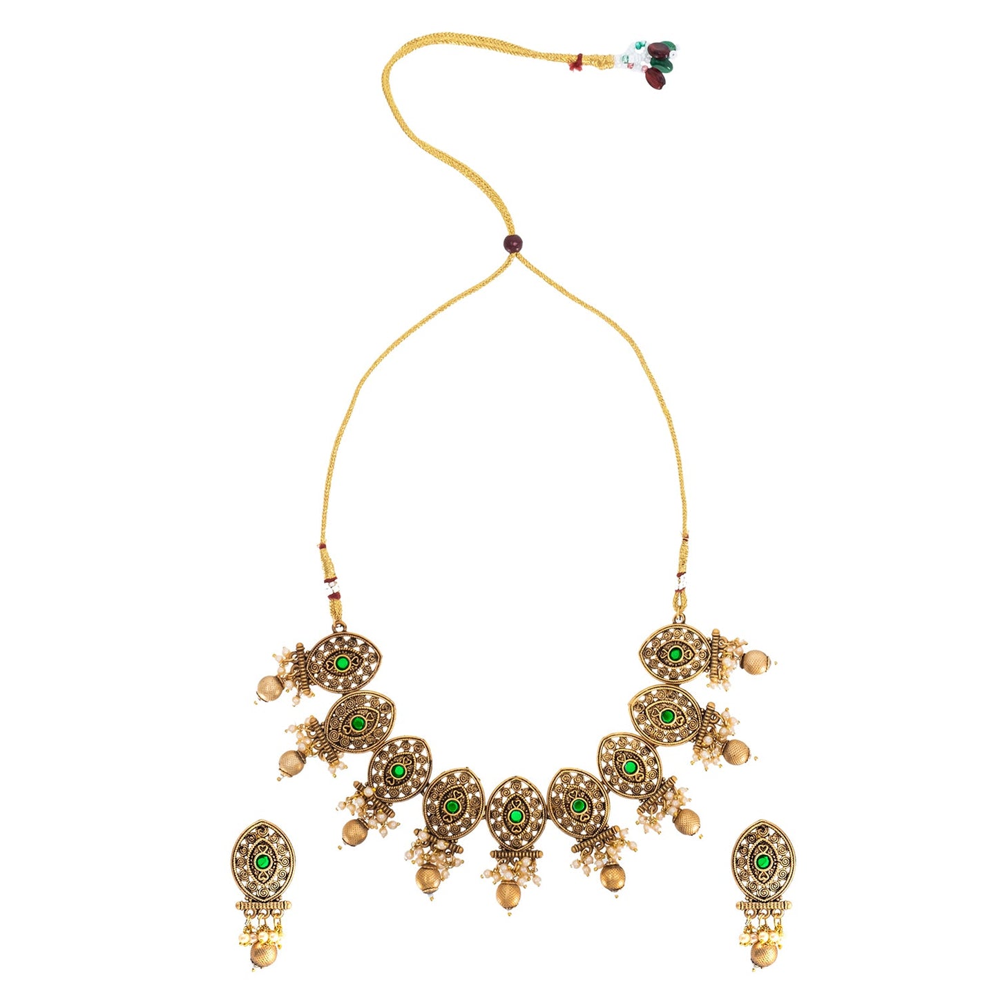 Traditional Indian Matte Antique Gold Plated Kundan,CZ, Studded Choker Bridal Necklace with Matching Earring Jewelry Set For Women - Gold Green (SJN_248_G_G)