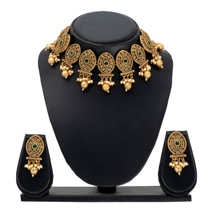 Traditional Indian Matte Antique Gold Plated Kundan,CZ, Studded Choker Bridal Necklace with Matching Earring Jewelry Set For Women - Gold Green (SJN_248_G_G)