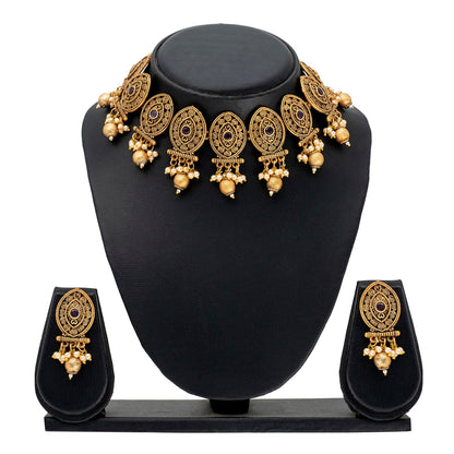 Traditional Indian Matte Antique Gold Plated Kundan,CZ, Studded Choker Bridal Necklace with Matching Earring Jewelry Set For Women - Gold Maroon (SJN_248_G_M)