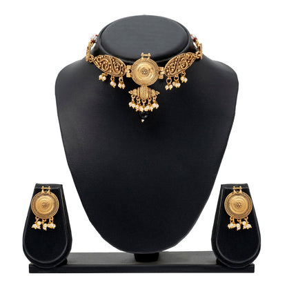 Traditional Indian Matte Antique Gold Plated Kundan,CZ, Studded Choker Bridal Necklace with Matching Earring Jewelry Set For Women - Gold Black (SJN_249_G_BK)