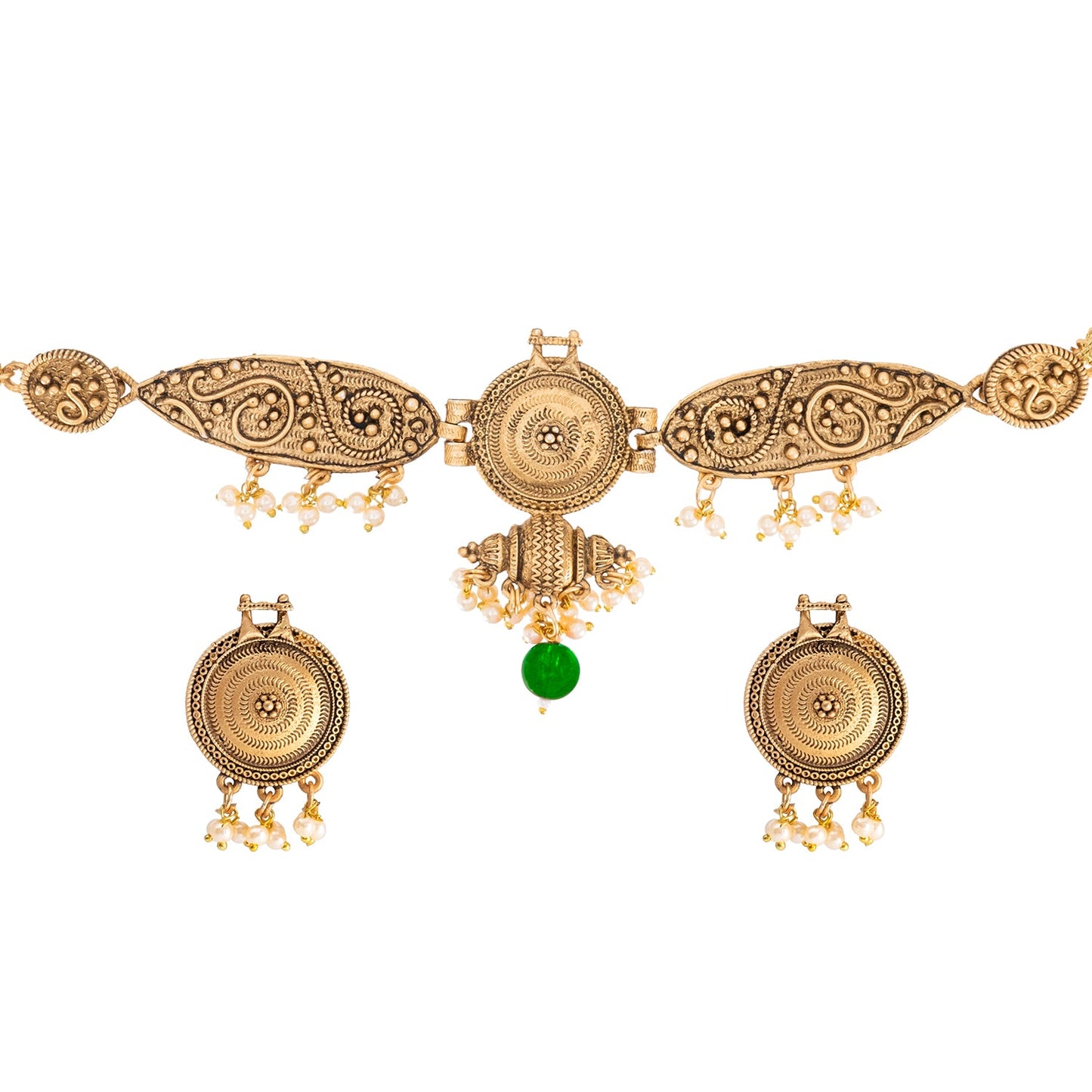 Traditional Indian Matte Antique Gold Plated Kundan,CZ, Studded Choker Bridal Necklace with Matching Earring Jewelry Set For Women - Gold Green (SJN_249_G_G)