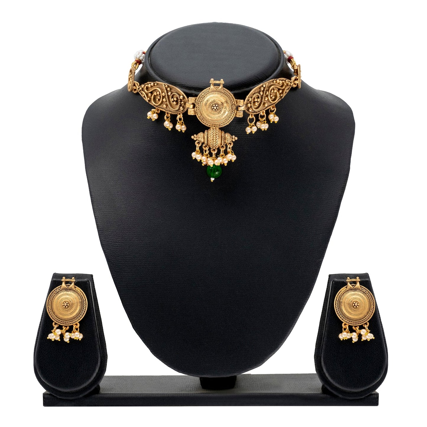 Traditional Indian Matte Antique Gold Plated Kundan,CZ, Studded Choker Bridal Necklace with Matching Earring Jewelry Set For Women - Gold Green (SJN_249_G_G)