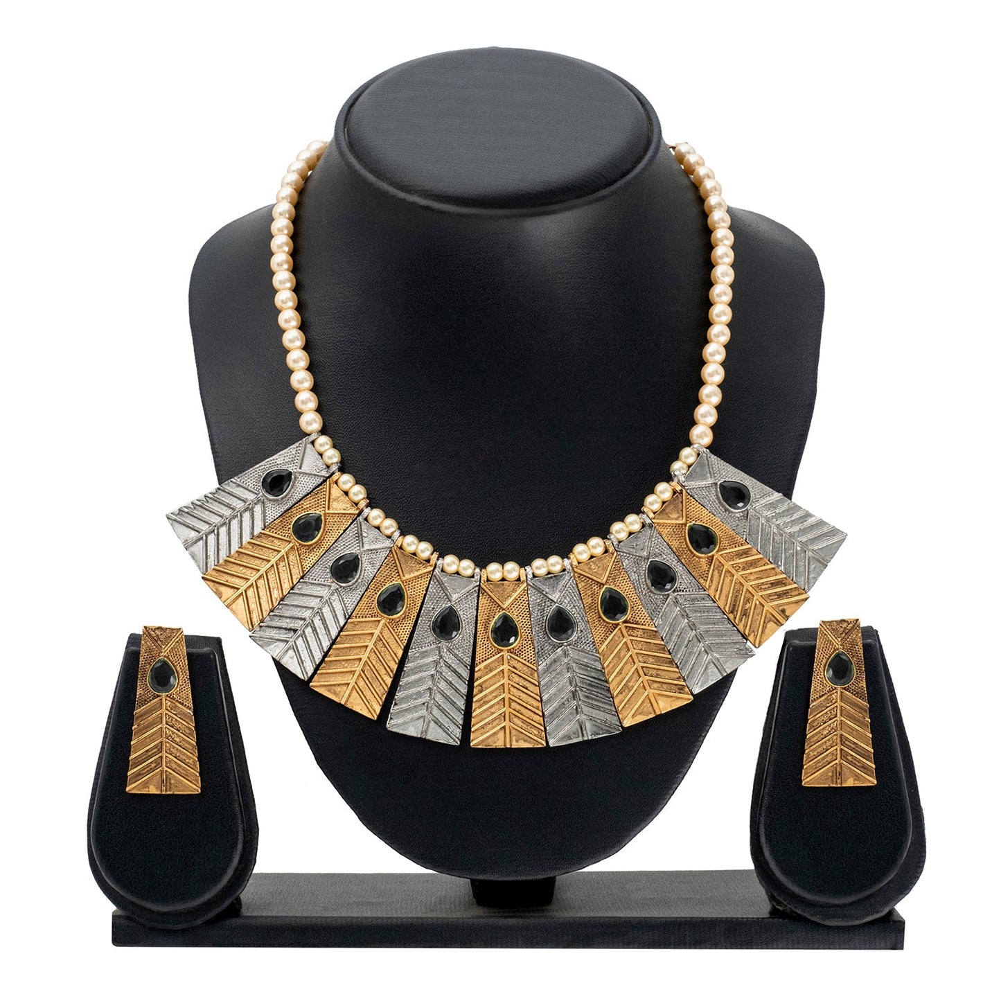 Traditional Indian Matte Gold And Silver Plated CZ, Studded Dori Necklace with Matching Earring Jewelry Set For Women - Black (SJN_250_BK)