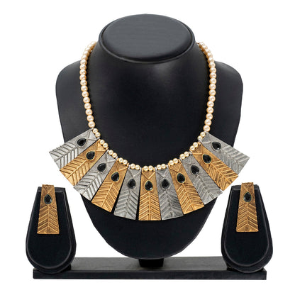 Traditional Indian Matte Gold And Silver Plated CZ, Studded Dori Necklace with Matching Earring Jewelry Set For Women - Black (SJN_250_BK)