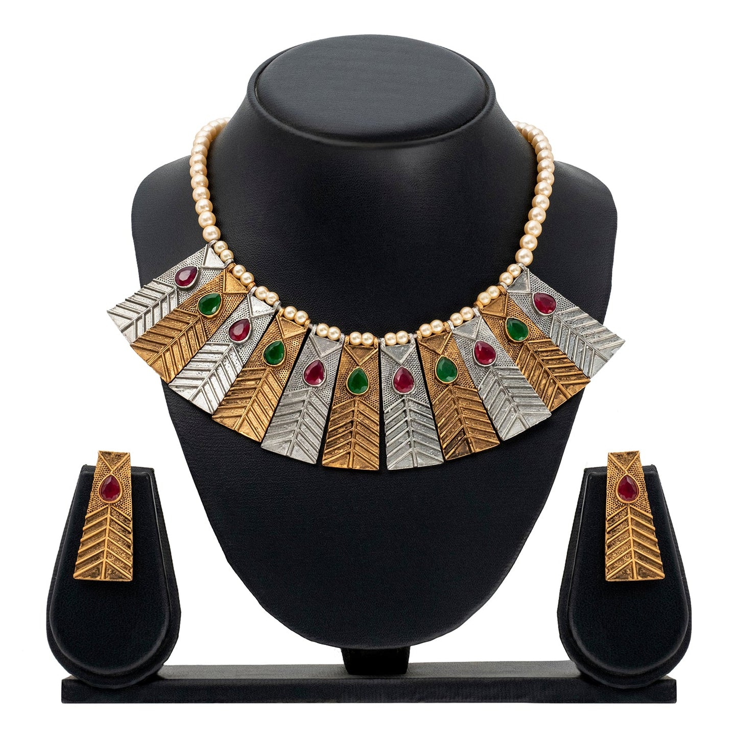 Traditional Indian Matte Gold And Silver Plated CZ, Studded Dori Necklace with Matching Earring Jewelry Set For Women - Gold Maroon (SJN_250_G_M)