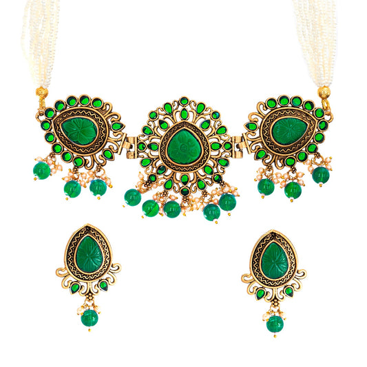 Traditional Indian Matte Antique Gold Plated Kundan,CZ, Studded Choker Necklace with Matching Earring Jewelry Set For Women - Gold Green (SJN_251_G_G)