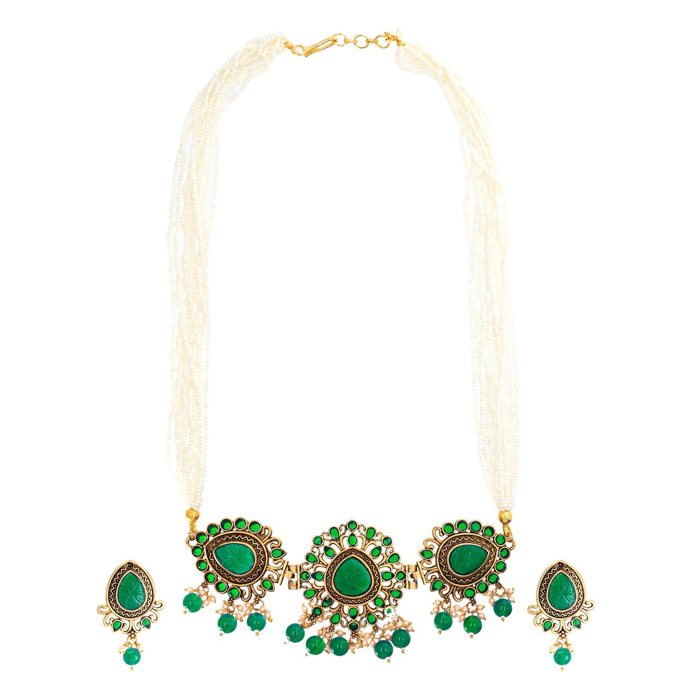 Traditional Indian Matte Antique Gold Plated Kundan,CZ, Studded Choker Necklace with Matching Earring Jewelry Set For Women - Gold Green (SJN_251_G_G)