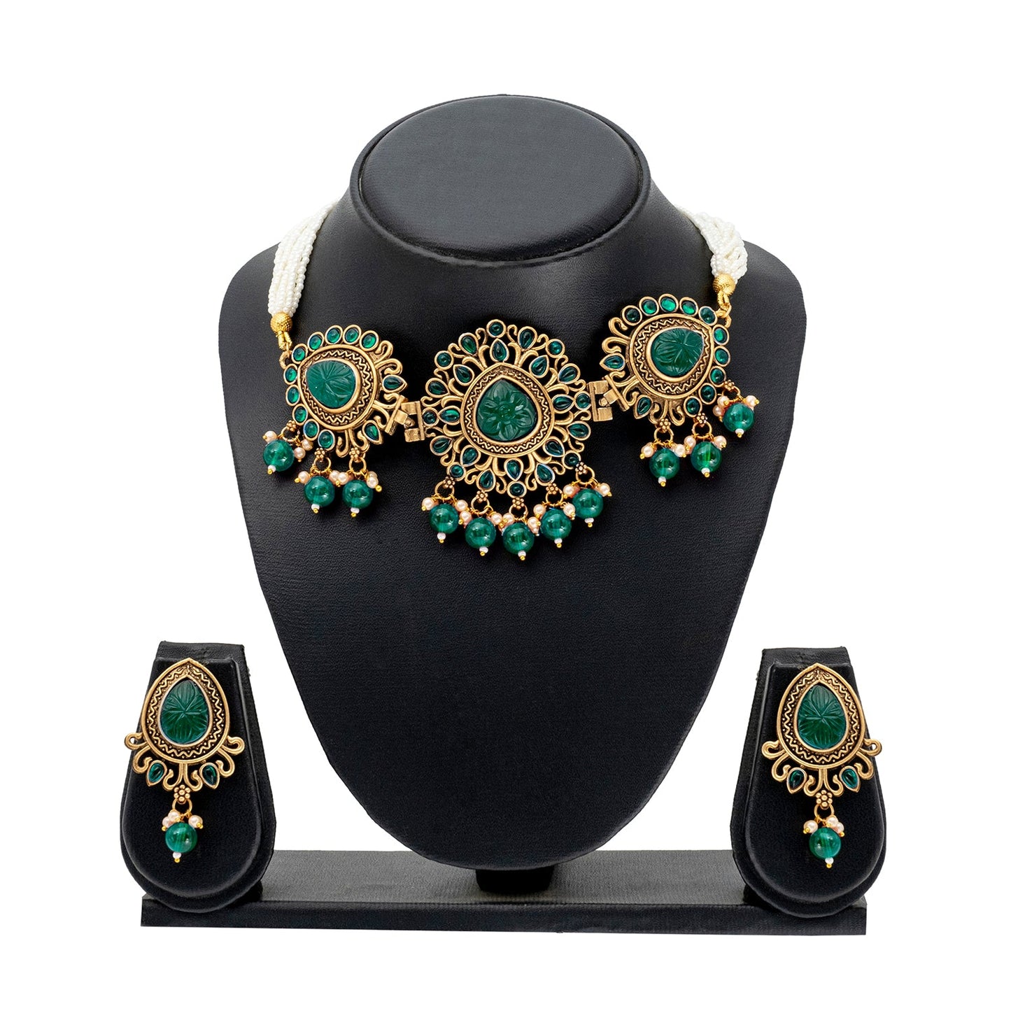 Traditional Indian Matte Antique Gold Plated Kundan,CZ, Studded Choker Necklace with Matching Earring Jewelry Set For Women - Gold Green (SJN_251_G_G)