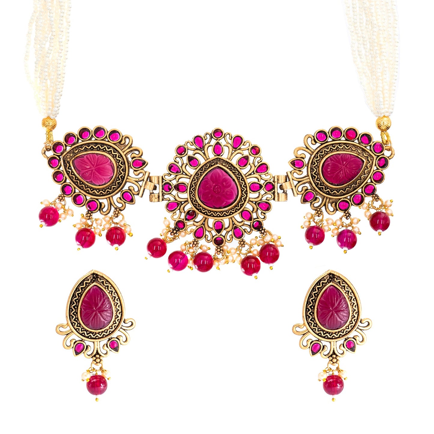 Traditional Indian Matte Antique Gold Plated Kundan,CZ, Studded Choker Necklace with Matching Earring Jewelry Set For Women - Gold Maroon (SJN_251_G_M)