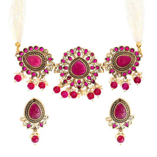 Traditional Indian Matte Antique Gold Plated Kundan,CZ, Studded Choker Necklace with Matching Earring Jewelry Set For Women - Gold Maroon (SJN_251_G_M)