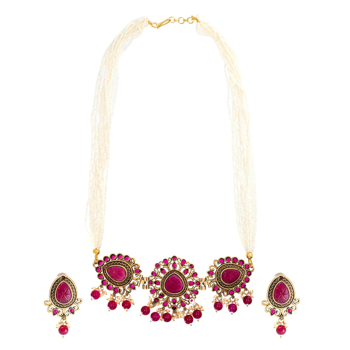 Traditional Indian Matte Antique Gold Plated Kundan,CZ, Studded Choker Necklace with Matching Earring Jewelry Set For Women - Gold Maroon (SJN_251_G_M)