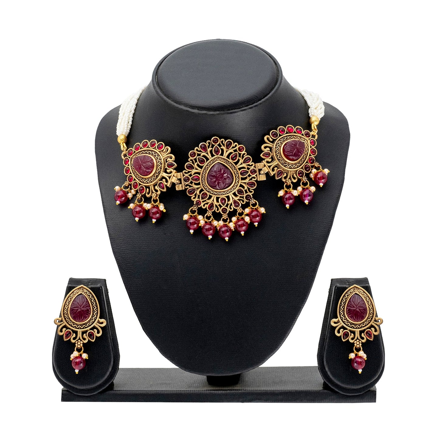 Traditional Indian Matte Antique Gold Plated Kundan,CZ, Studded Choker Necklace with Matching Earring Jewelry Set For Women - Gold Maroon (SJN_251_G_M)