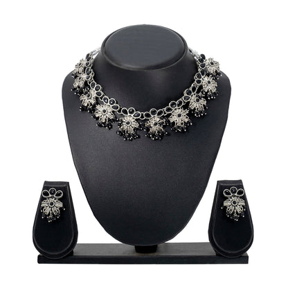 Traditional Indian Matte Antique Silver Plated Kundan,CZ, Studded Choker Necklace with Matching Earring Jewelry Set For Women - Silver Black (SJN_252_S_BK)