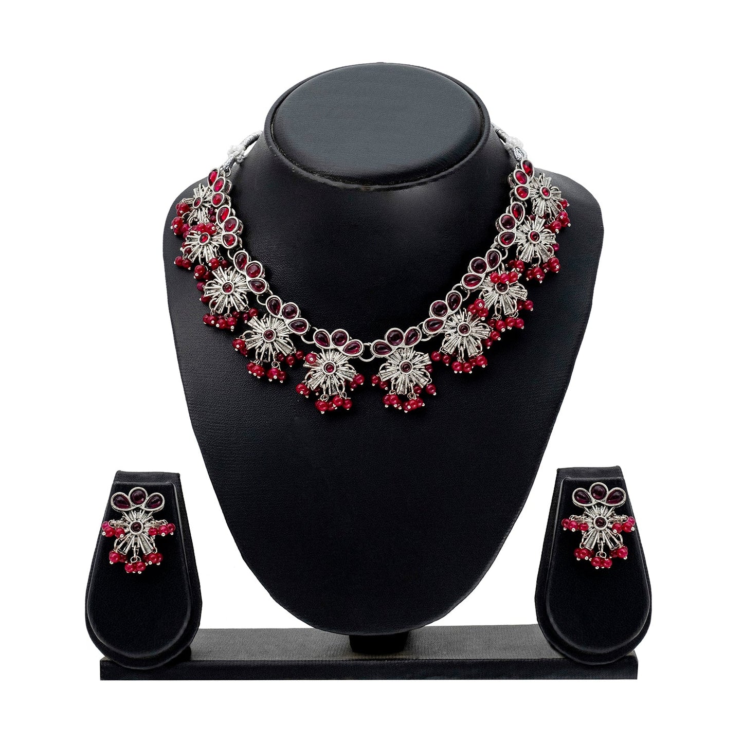 Traditional Indian Matte Antique Silver Plated Kundan,CZ, Studded Choker Necklace with Matching Earring Jewelry Set For Women - Silver Maroon (SJN_252_S_M)