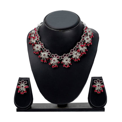 Traditional Indian Matte Antique Silver Plated Kundan,CZ, Studded Choker Necklace with Matching Earring Jewelry Set For Women - Silver Maroon (SJN_252_S_M)