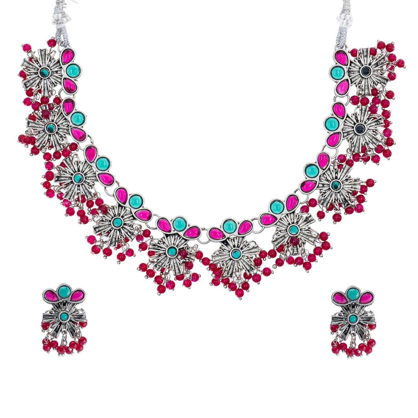 Traditional Indian Matte Antique Silver Plated Kundan,CZ, Studded Choker Necklace with Matching Earring Jewelry Set For Women - Silver Ruby Green (SJN_252_S_R_G)