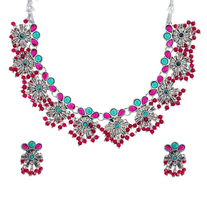 Traditional Indian Matte Antique Silver Plated Kundan,CZ, Studded Choker Necklace with Matching Earring Jewelry Set For Women - Silver Ruby Green (SJN_252_S_R_G)