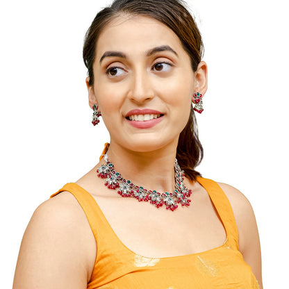 Traditional Indian Matte Antique Silver Plated Kundan,CZ, Studded Choker Necklace with Matching Earring Jewelry Set For Women - Silver Ruby Green (SJN_252_S_R_G)