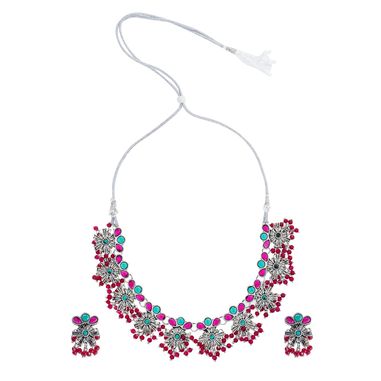 Traditional Indian Matte Antique Silver Plated Kundan,CZ, Studded Choker Necklace with Matching Earring Jewelry Set For Women - Silver Ruby Green (SJN_252_S_R_G)
