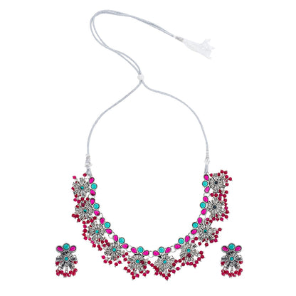 Traditional Indian Matte Antique Silver Plated Kundan,CZ, Studded Choker Necklace with Matching Earring Jewelry Set For Women - Silver Ruby Green (SJN_252_S_R_G)