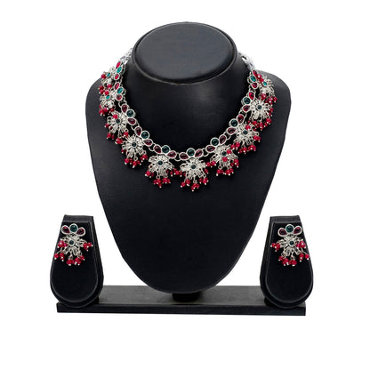 Traditional Indian Matte Antique Silver Plated Kundan,CZ, Studded Choker Necklace with Matching Earring Jewelry Set For Women - Silver Ruby Green (SJN_252_S_R_G)