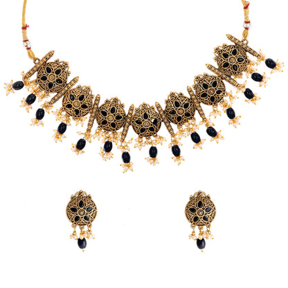 Traditional Indian Matte Antique Gold Plated Kundan,CZ, Studded Choker Necklace with Matching Earring Jewelry Set For Women - Gold Black (SJN_253_G_BK)