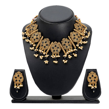 Traditional Indian Matte Antique Gold Plated Kundan,CZ, Studded Choker Necklace with Matching Earring Jewelry Set For Women - Gold Black (SJN_253_G_BK)