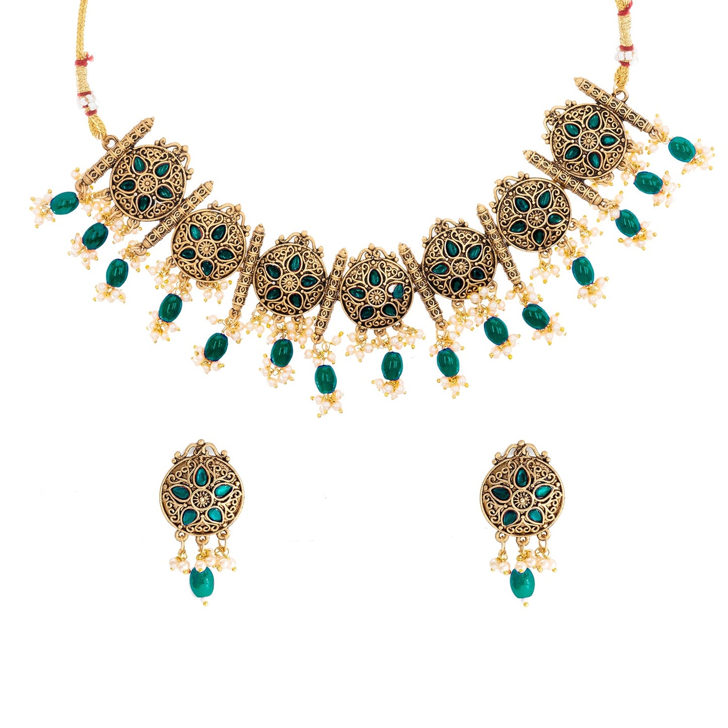 Traditional Indian Matte Antique Gold Plated Kundan,CZ, Studded Choker Necklace with Matching Earring Jewelry Set For Women - Gold Green (SJN_253_G_G)